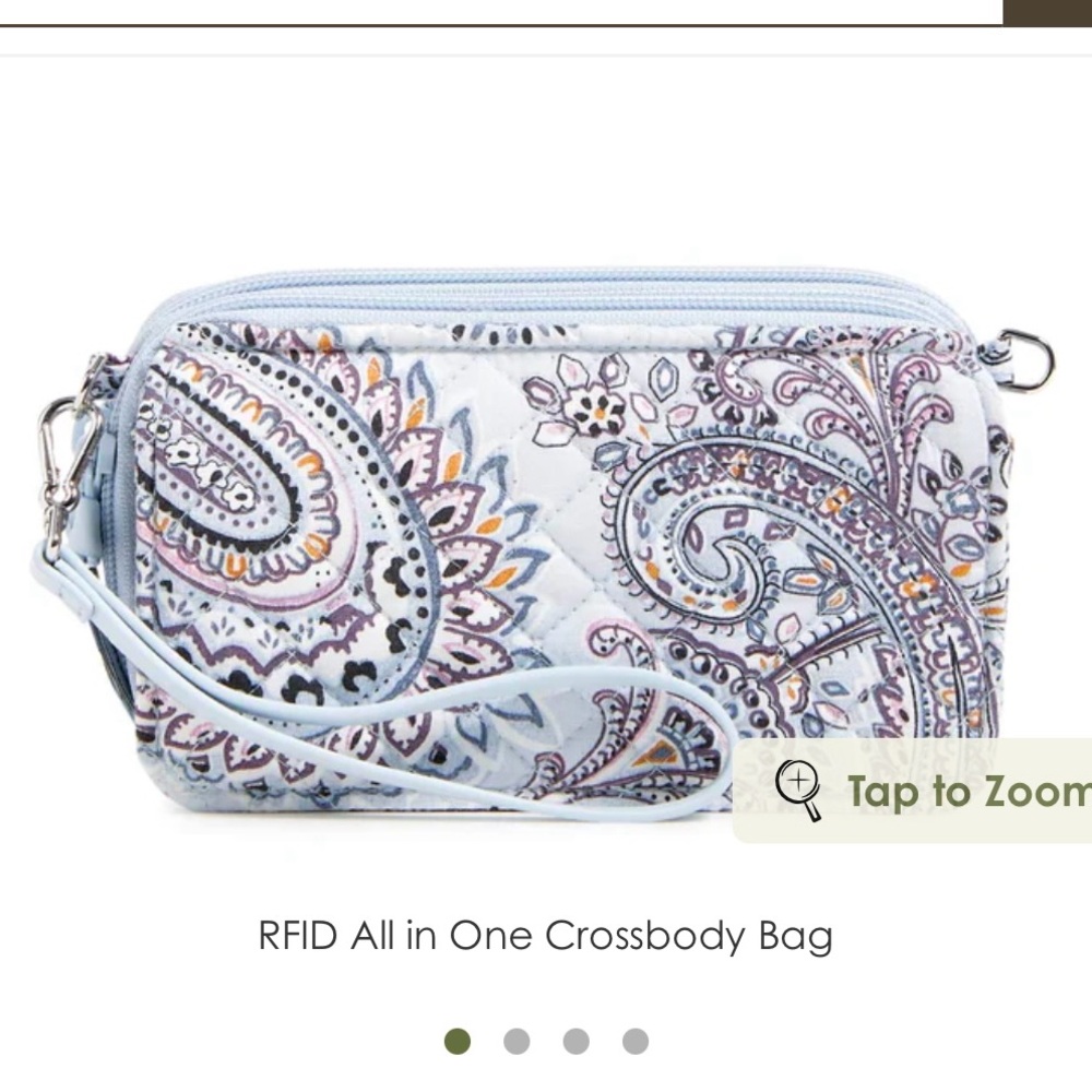 RFID All in One Crossbody Bag in Cotton, Soft Sky Paisley. New without tags.